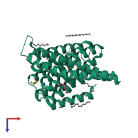 Monomeric assembly 1 of PDB entry 5hxr coloured by chemically distinct molecules, top view.