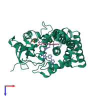 Monomeric assembly 1 of PDB entry 5ibf coloured by chemically distinct molecules, top view.