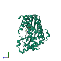 Monomeric assembly 1 of PDB entry 5iqa coloured by chemically distinct molecules, side view.