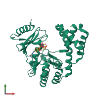 Monomeric assembly 2 of PDB entry 5iqa coloured by chemically distinct molecules, front view.