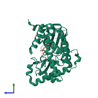 Monomeric assembly 2 of PDB entry 5iqa coloured by chemically distinct molecules, side view.