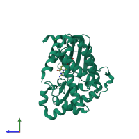 Monomeric assembly 3 of PDB entry 5iqa coloured by chemically distinct molecules, side view.