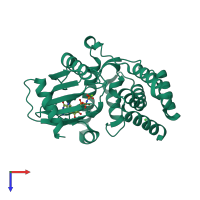 Monomeric assembly 3 of PDB entry 5iqa coloured by chemically distinct molecules, top view.