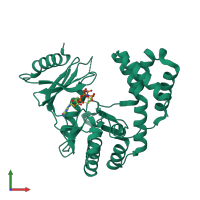 Monomeric assembly 4 of PDB entry 5iqa coloured by chemically distinct molecules, front view.