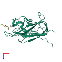 Monomeric assembly 1 of PDB entry 5iyy coloured by chemically distinct molecules, top view.