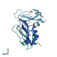 PDB entry 5jb4 coloured by chain, side view.