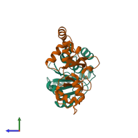 PDB entry 5k22 coloured by chain, side view.
