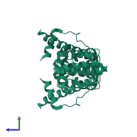 Homo dimeric assembly 2 of PDB entry 5l0o coloured by chemically distinct molecules, side view.