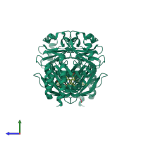 Homo dimeric assembly 1 of PDB entry 5l8m coloured by chemically distinct molecules, side view.