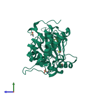 Monomeric assembly 1 of PDB entry 5lvl coloured by chemically distinct molecules, side view.