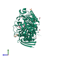 Monomeric assembly 1 of PDB entry 5m1i coloured by chemically distinct molecules, side view.