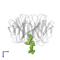 4-[(~{E})-[4-[[[(2~{S})-2-[[(2~{S})-2-[[(2~{S})-2-[[(2~{S})-2-azanyl-3-oxidanyl-propanoyl]amino]propanoyl]amino]-5-carbamimidamido-pentanoyl]amino]propanoyl]amino]methyl]phenyl]diazenyl]-~{N}-[(2~{S})-3-methyl-1-oxidanylidene-butan-2-yl]benzamide in PDB entry 5m23, assembly 1, top view.