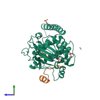 Hetero dimeric assembly 1 of PDB entry 5m71 coloured by chemically distinct molecules, side view.