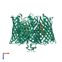 Homo trimeric assembly 1 of PDB entry 5mds coloured by chemically distinct molecules, top view.