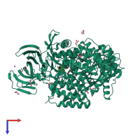 Monomeric assembly 1 of PDB entry 5mfr coloured by chemically distinct molecules, top view.