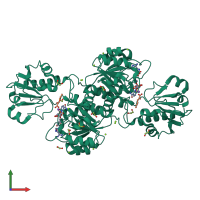 Homo dimeric assembly 2 of PDB entry 5mh6 coloured by chemically distinct molecules, front view.