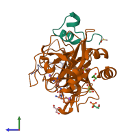 PDB entry 5mm6 coloured by chain, side view.
