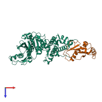 Hetero dimeric assembly 1 of PDB entry 5ms2 coloured by chemically distinct molecules, top view.