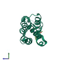 Monomeric assembly 1 of PDB entry 5o3a coloured by chemically distinct molecules, side view.