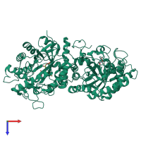 Homo dimeric assembly 2 of PDB entry 5ocs coloured by chemically distinct molecules, top view.