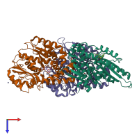 Hetero trimeric assembly 1 of PDB entry 5ogc coloured by chemically distinct molecules, top view.