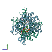 PDB entry 5oji coloured by chain, side view.