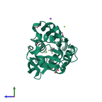 Monomeric assembly 1 of PDB entry 5ok2 coloured by chemically distinct molecules, side view.