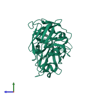 Monomeric assembly 1 of PDB entry 5p3d coloured by chemically distinct molecules, side view.