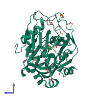 Monomeric assembly 1 of PDB entry 5pk1 coloured by chemically distinct molecules, side view.