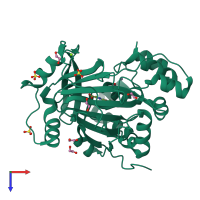 Monomeric assembly 1 of PDB entry 5pk1 coloured by chemically distinct molecules, top view.