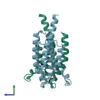 PDB entry 5pto coloured by chain, side view.