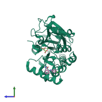 Monomeric assembly 1 of PDB entry 5q1z coloured by chemically distinct molecules, side view.