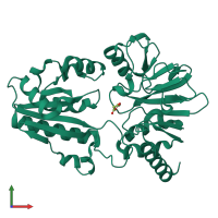 Monomeric assembly 1 of PDB entry 5q42 coloured by chemically distinct molecules, front view.