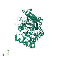 Monomeric assembly 1 of PDB entry 5q42 coloured by chemically distinct molecules, side view.