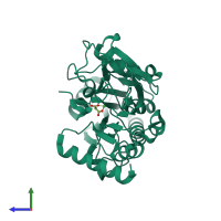 Monomeric assembly 1 of PDB entry 5q52 coloured by chemically distinct molecules, side view.