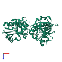 Monomeric assembly 1 of PDB entry 5q7g coloured by chemically distinct molecules, top view.