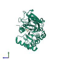 Monomeric assembly 1 of PDB entry 5q9x coloured by chemically distinct molecules, side view.