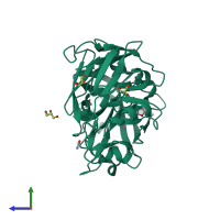 Monomeric assembly 1 of PDB entry 5qbh coloured by chemically distinct molecules, side view.