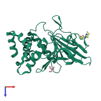 Monomeric assembly 1 of PDB entry 5qey coloured by chemically distinct molecules, top view.