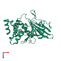 Monomeric assembly 1 of PDB entry 5qgb coloured by chemically distinct molecules, top view.