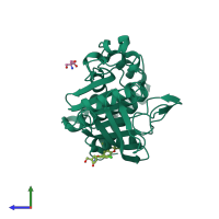 Monomeric assembly 1 of PDB entry 5qgf coloured by chemically distinct molecules, side view.