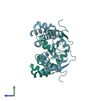 PDB entry 5qnm coloured by chain, side view.