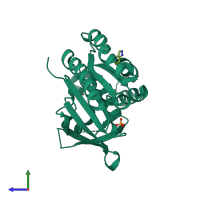 Monomeric assembly 1 of PDB entry 5qur coloured by chemically distinct molecules, side view.