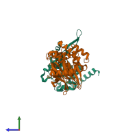 PDB entry 5r0y coloured by chain, side view.