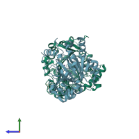PDB entry 5rau coloured by chain, side view.