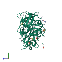 Monomeric assembly 1 of PDB entry 5rdb coloured by chemically distinct molecules, side view.