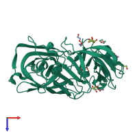 Monomeric assembly 1 of PDB entry 5rdb coloured by chemically distinct molecules, top view.