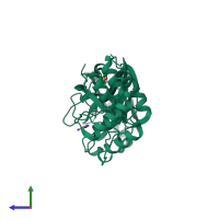 PDB entry 5rf3 coloured by chain, side view.