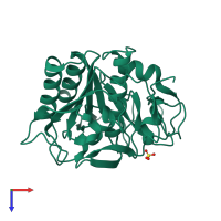 Monomeric assembly 1 of PDB entry 5rou coloured by chemically distinct molecules, top view.