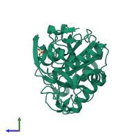 PDB entry 5rou coloured by chain, side view.